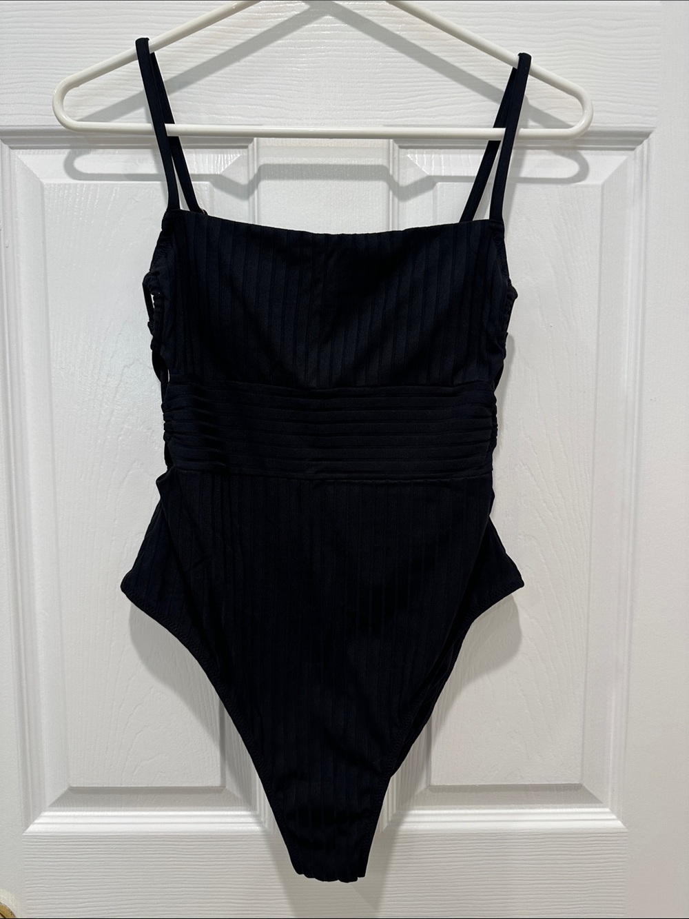 Womens Black One-Piece Swimsuit Ribbed Design & Open Tied Sides